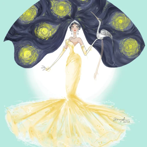 Fantasy art print – bruid en blauwe reiger op lichte achtergrond