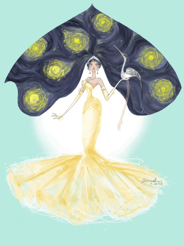 Fantasy art print – bruid en blauwe reiger op lichte achtergrond