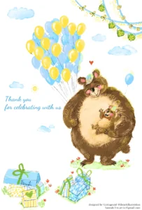 Op maat gemaakte illustratie van een berenvader en berenzoon voor een verjaardag met ballonnen encadeaus