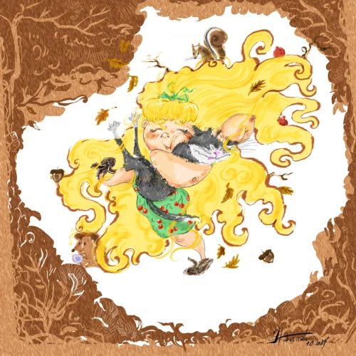 Fantasy muurprint met meisje, kat en bosdieren in warme herfststijl.