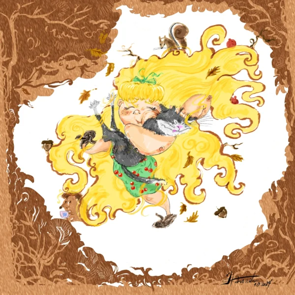 print-meisje-kat Fantasy muurprint met meisje, kat en bosdieren in warme herfststijl.