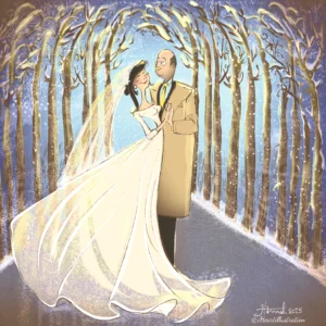 Bruidspaar op zijn bruilofts feest of huwelijksfeest in winter met snow. Wedding couple in love on their wedding day in snow