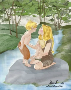 Moeder en haar zonen zijn blij in het bos en spelen en zwemmen in de meer