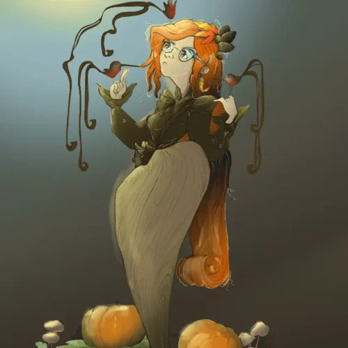 Herfst Fantasy Illustratie over herfst en Halloween met pompoen en vogels met roodborstje en champignon met veel oranje en geel kleuren