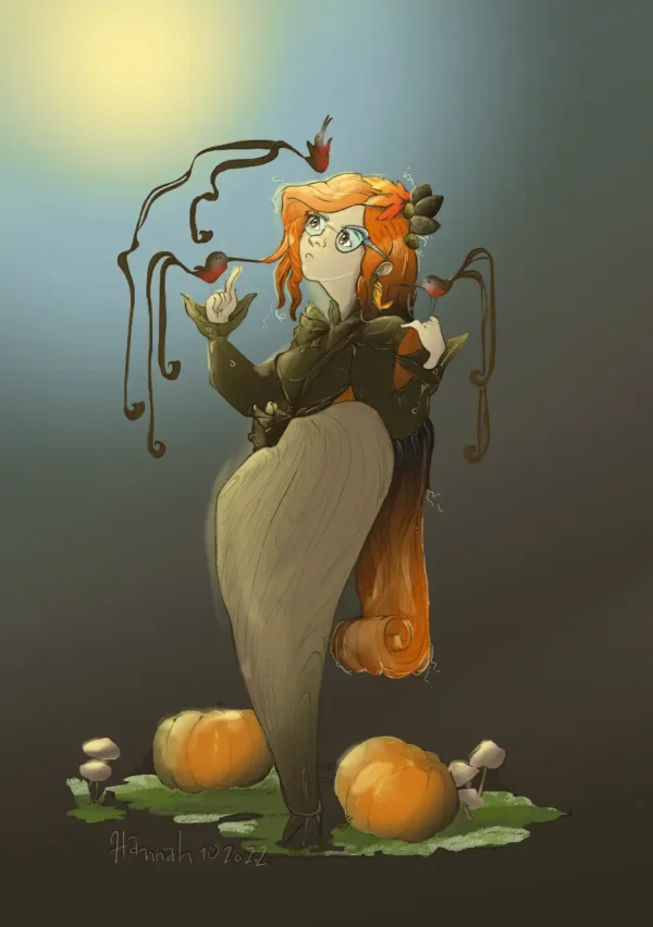 fantasy_prints_ze-is-herfst_herfst-fantasy-illustratie Herfst Fantasy Illustratie over herfst en Halloween met pompoen en vogels met roodborstje en champignon met veel oranje en geel kleuren