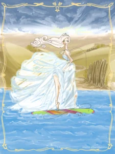 Bruid houdt van surf en duine en ze staat op de strand