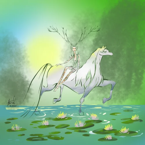 Magische art print nimf op wit paard lopend over water met waterlelies in groenblauwe tinten