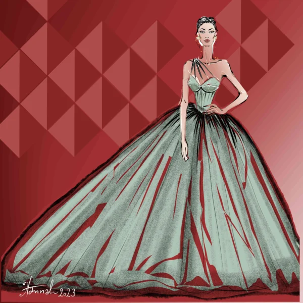 Geometrische fashion illustratie van Nicole Scherzinger van de Pussycat Dolls met grafische achtergrond, geïnspireerd op The Fashion Award 2023 in Clardges Hotel in een lange prachtige groene jurk