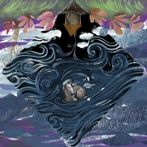 Fantasy paard illustratie met surrealistische bloemen en natuurelementen in donkere kleuren, dromerige wanddecoratie art print