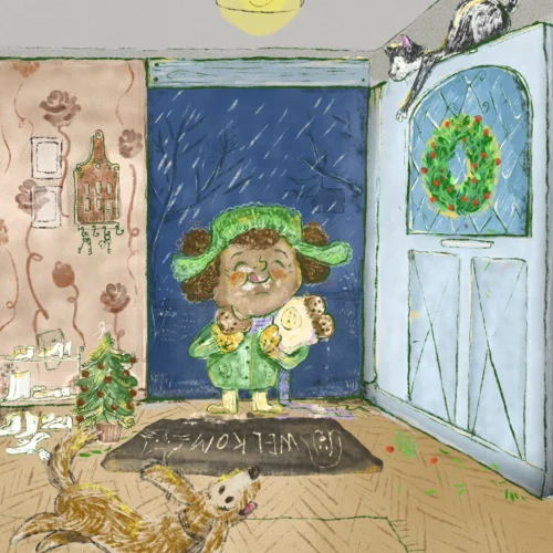 Oliebollen illustratie print van meisje met zak oliebollen, kat en hond wachten thuis, poedersuiker op haar gezicht