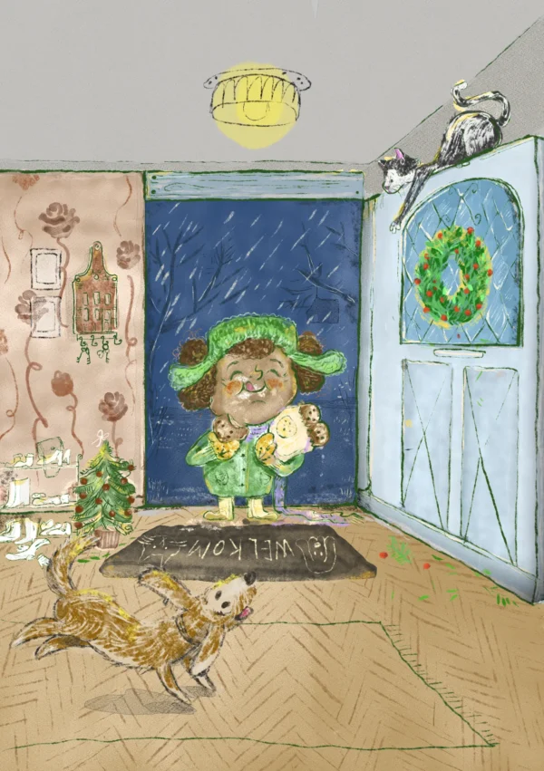 Oliebollen illustratie print van meisje met zak oliebollen, kat en hond wachten thuis, poedersuiker op haar gezicht