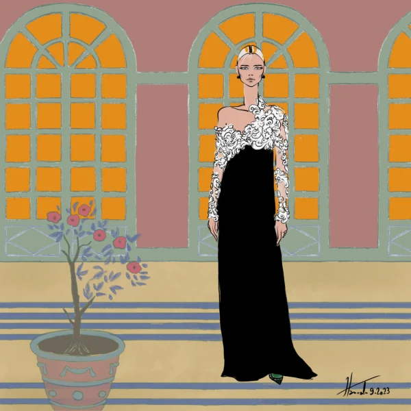 fashion-prints_zimmerman-vintage-background Zimmerman Vintage fashion illustratie van een vrouw in een elegante zwarte jurk met witte kanten top en gele afgeronde ramen op de achtergrond