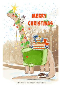 Gepersonaliseerde kerstkaart met een jongen, zijn twee katten en een grote dino